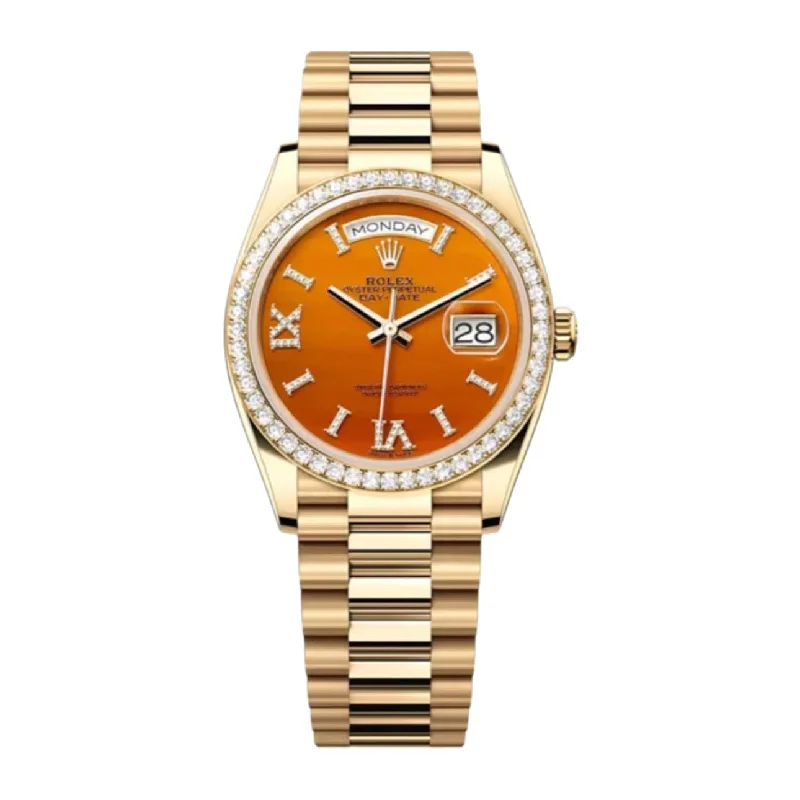 2024 Release Rolex Datejust 36mm - Ref: 128348rbr-0049 - Carnelian Orange Roman Diamond & Diamond Bezel, 18K Yellow Gold Presidential Bracelet Watch