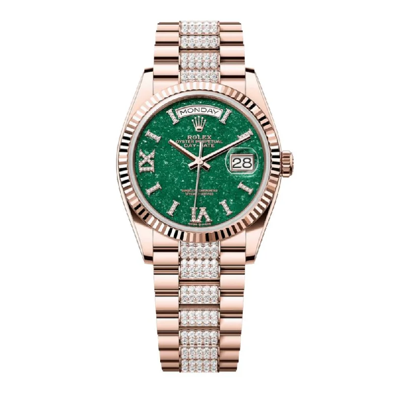 Rolex Day Date 36mm - Ref: 128235 - Green Aventurine Roman Diamond Dial & Fluted Bezel, 18K Rose Gold & Diamonds President Bracelet Watch