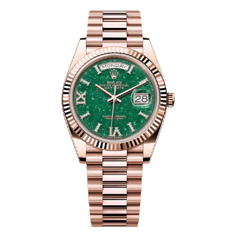 Rolex Day Date 36mm - Ref: 128235 - Green Aventurine Roman Diamond Dial & Fluted Bezel, 18K Rose Gold President Bracelet Watch