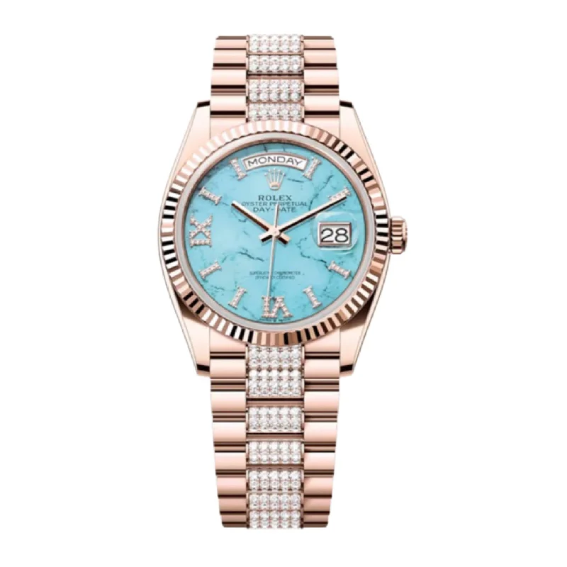 Rolex Day Date 36mm - Ref: 128235 - Blue Turquoise Diamond Dial & Fluted Bezel, 18K Rose Gold & Diamonds President Bracelet Watch