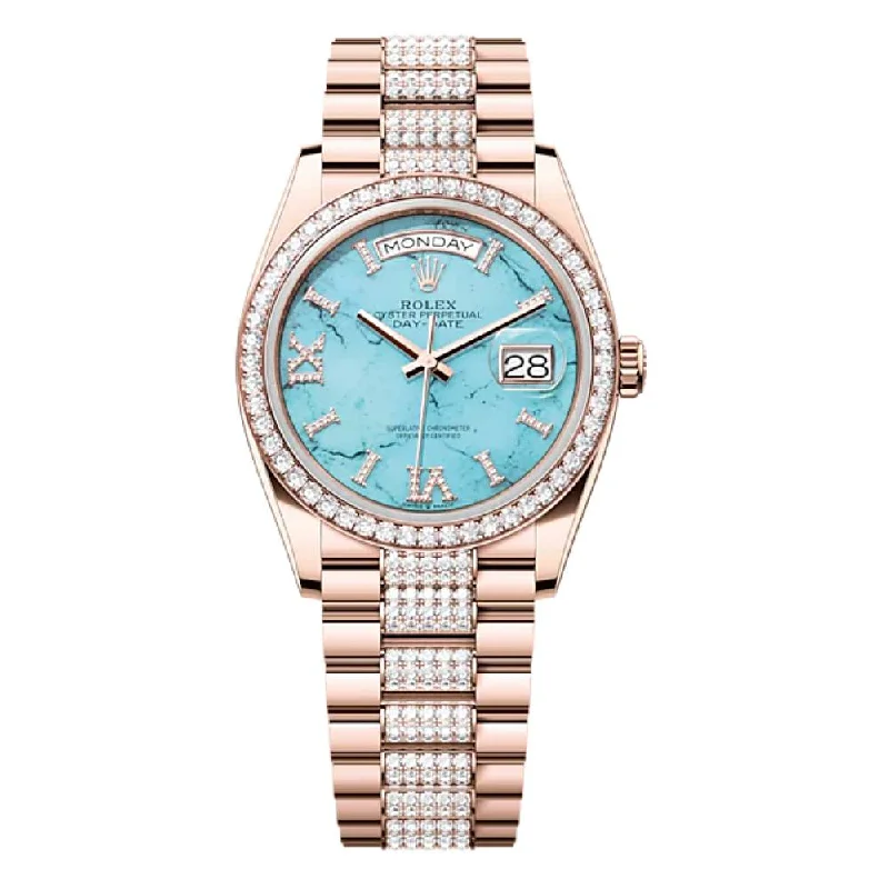 Rolex Day Date 36mm - Ref: 128345RBR - Blue Turquoise Diamond Dial & Diamond Bezel, 18K Rose Gold & Diamonds President Bracelet Watch