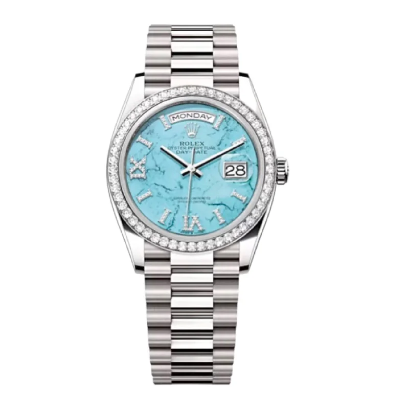 Rolex Day Date 36mm - Ref: 128349RBR - Blue Turquoise Diamond Dial & Diamond Bezel, 18K White Gold President Bracelet Watch