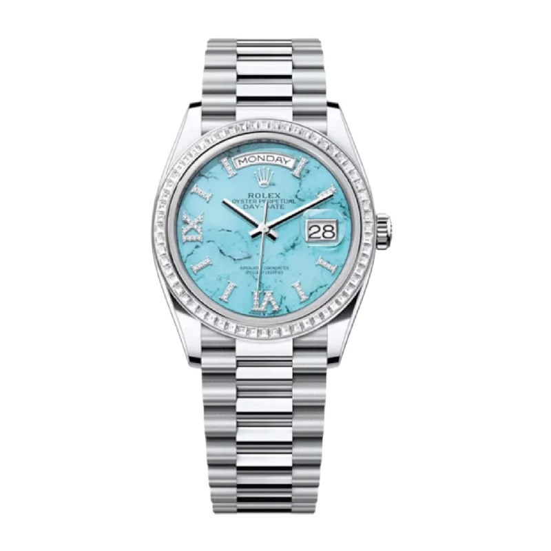 Rolex Day Date 36mm - Ref: 128396TBR - Blue Turquoise Diamond Dial & Diamond Bezel, 18K White Gold President Bracelet Watch