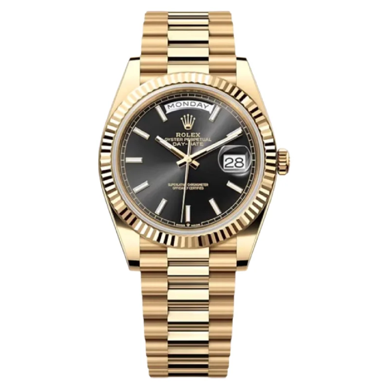 Rolex Day Date 40mm - Ref: 228238 - Black Stick Dial & Fluted Bezel, 18K Yellow Gold President Bracelet Men's Watch