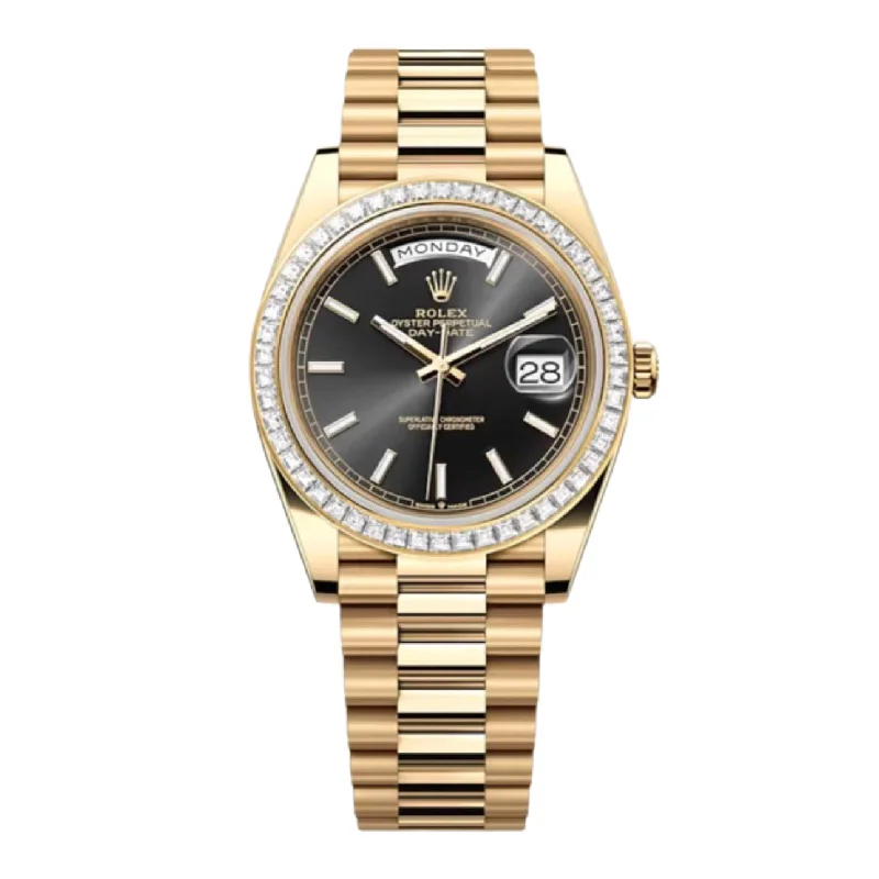 Rolex Day Date 40mm - Ref: 228398TBR - Black Stick Dial & Diamond Bezel, 18K Yellow Gold President Bracelet Men's Watch