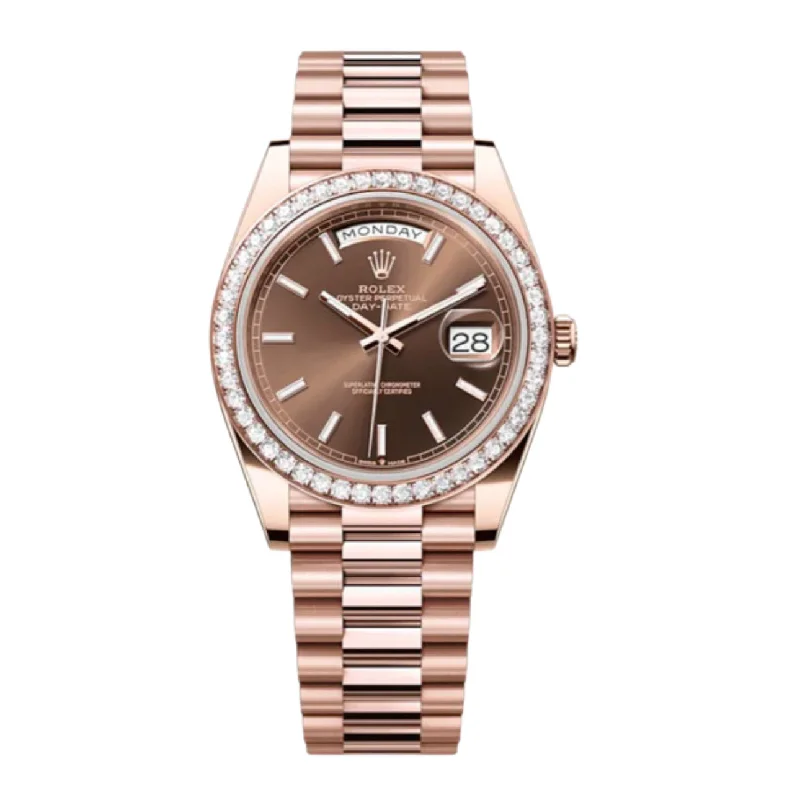 Rolex Day Date 40mm - Ref: 228345RBR - Chocolate Stick Dial & Diamond Bezel, 18K Rose Gold President Bracelet Men's Watch