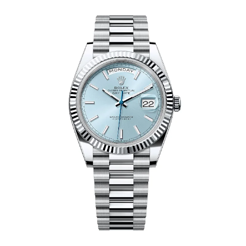 Rolex Day Date 40mm - Ref: 228236 - Ice Blue Stick Dial & Fluted Bezel, Platinum President Bracelet Men's Watch