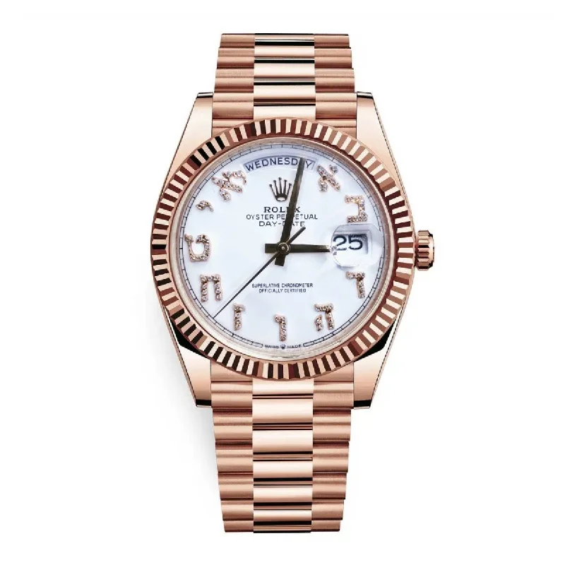 Rolex Day Date 40mm - Ref: 228235 - White Hebrew Dial, & Fluted Bezel, 18K Rose Gold President Bracelet Men's Watch