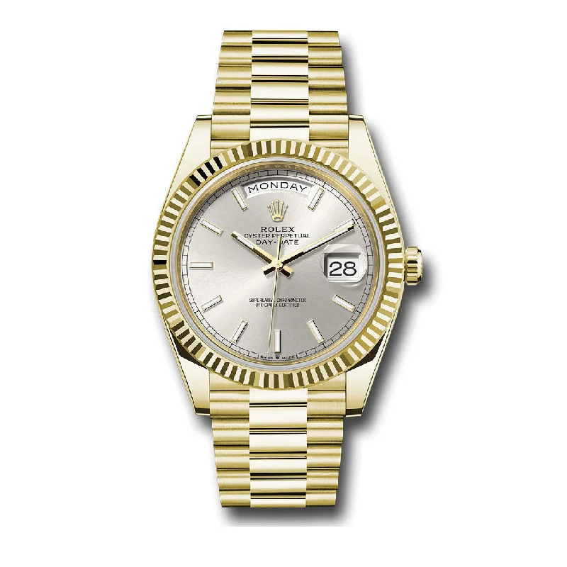 Rolex Day Date 40mm - Ref: 228238 - Silver Stick Dial & Fluted Bezel, 18K Yellow Gold President Bracelet Men's Watch