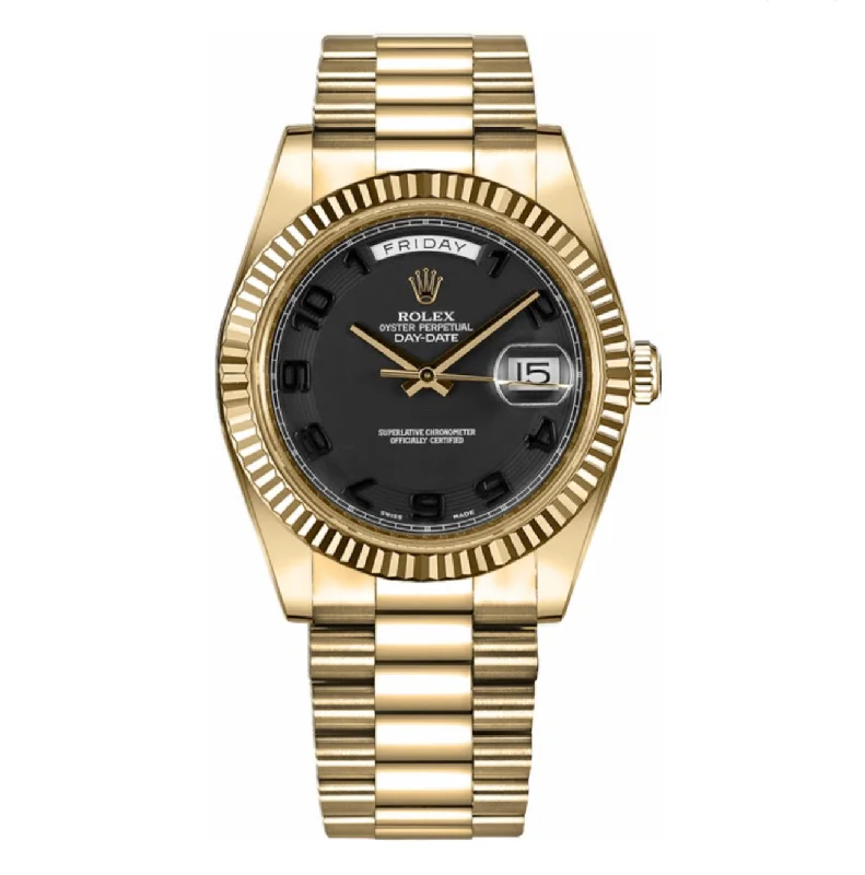 Rolex Day Date 41mm - Ref: 218238 - Black Dial & Fluted Bezel, 18K Yellow Gold President Bracelet Men's Watch