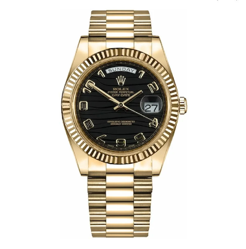 Rolex Day Date 41mm - Ref: 218238 - Black Wave Motif Dial & Fluted Bezel, 18K Yellow Gold President Bracelet Men's Watch