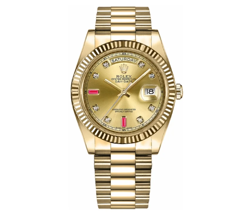 Rolex Day Date 41mm - Ref: 218238 - Champagne Diamond / Ruby Dial & Diamond Bezel, 18K Yellow Gold President Bracelet Men's Watch