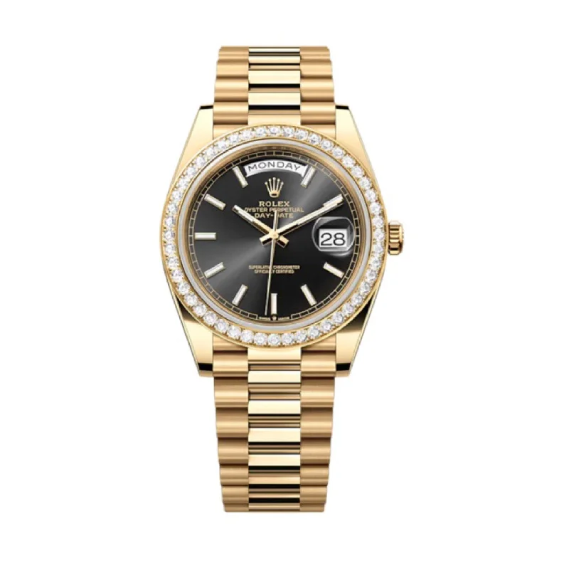 Rolex Day Date 40mm - Ref: 228348RBR - Black Stick Dial & Diamond Bezel, 18K Yellow Gold President Bracelet Men's Watch