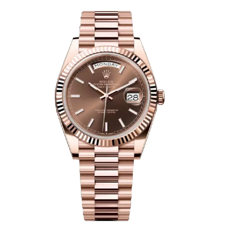 Rolex Day Date 40mm - Ref: 228235 - Chocolate Stick Dial & Fluted Bezel, 18K Rose Gold President Bracelet Men's Watch