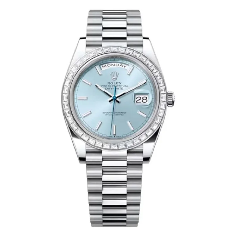 Rolex Day Date 40mm - Ref: 228396TBR - Ice Blue Stick Dial & Diamond Bezel, Platinum President Bracelet Men's Watch