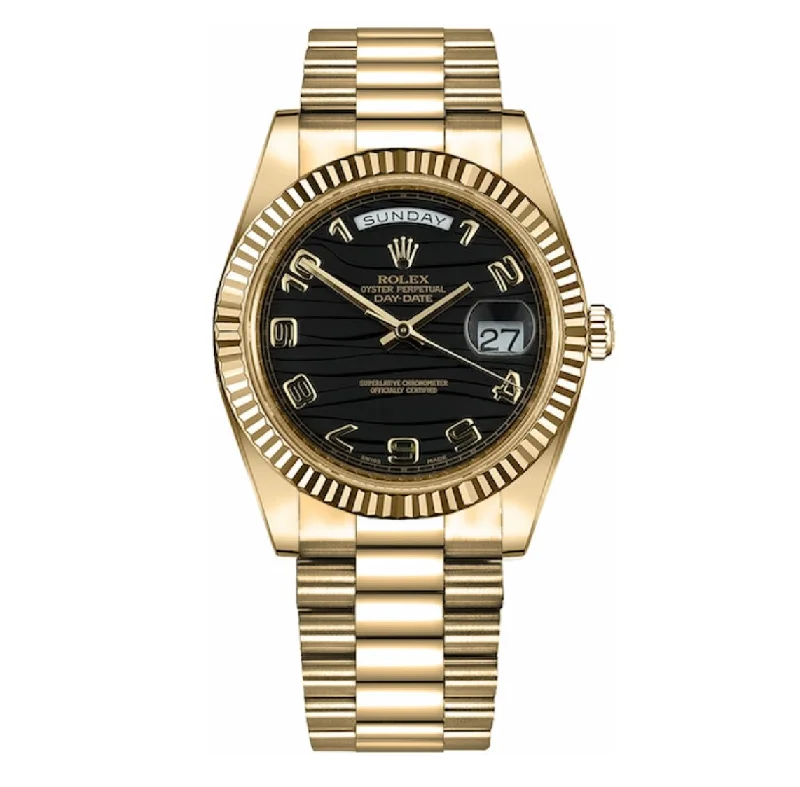 Rolex Day Date II 41mm - Ref: 218238 - Black Wave Motif Dial & Fluted Bezel, 18K Yellow Gold President Bracelet Men's Watch