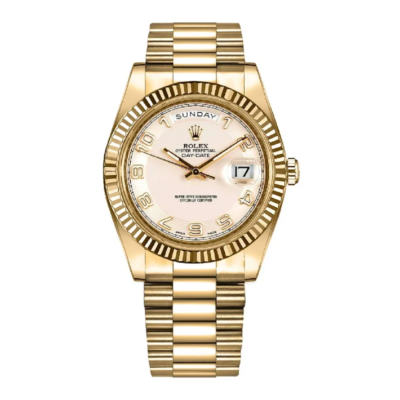 Rolex Day Date II 41mm - Ref: 218238 - Ivory Concentric Roman Dial & Fluted Bezel, 18K Yellow Gold President Bracelet Men's Watch