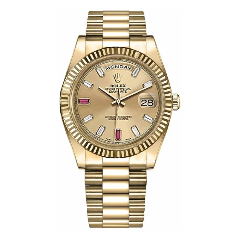 Rolex Day Date II 41mm - Ref: 218238 - Champagne Roman Dial & Fluted Bezel, Diamond / Ruby Dial & Fluted Bezel, 18K Yellow Gold President Bracelet Men's Watch