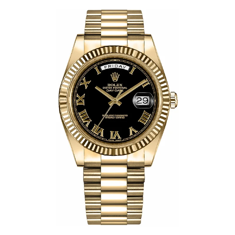 Rolex Day Date II 41mm - Ref: 218238-0041 - Black Roman Dial & Fluted Bezel, 18K Yellow Gold President Bracelet Men's Watch