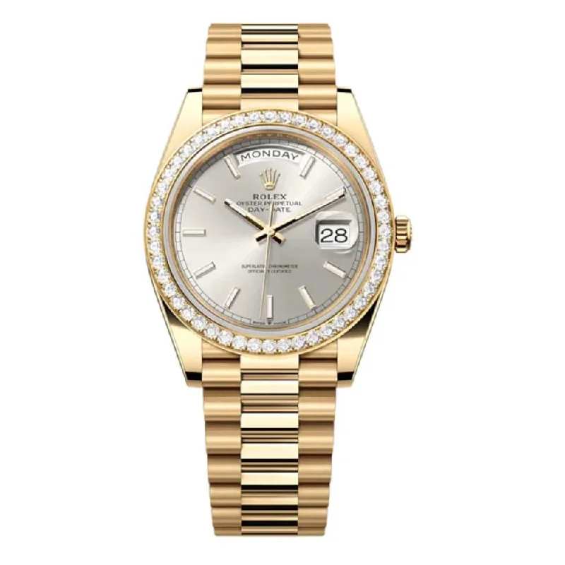 Rolex Day Date 40mm - Ref: 228348RBR - Silver Stick Dial & Diamond Bezel, 18K Yellow Gold President Bracelet Men's Watch