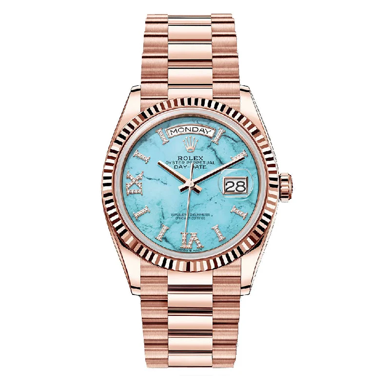 Rolex Day Date 40mm - Ref: 128235 - Blue Turqouise Roman Dial & Fluted Bezel, 18K Rose Gold President Bracelet Men's Watch