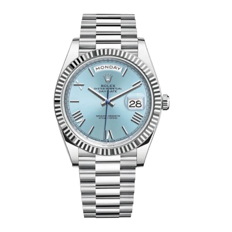 Rolex Day Date 40mm - Ref: 228236-0012 - Ice Blue Roman Dial & Fluted Bezel, Platinum President Bracelet Men's Watch