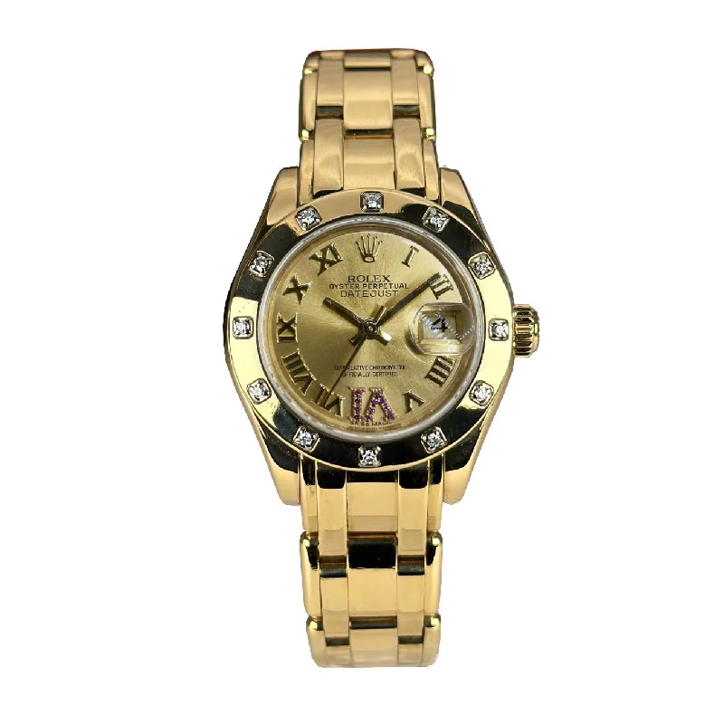 Rolex Pearlmaster 29mm - Ref: 80318-0163 - Champagne Roman Diamond Dial & Diamond Bezel, 18K Yellow Gold Bracelet Women's Watch