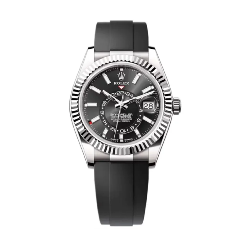 Rolex Sky-Dweller 42mm - Ref: 336239 - Bright Black Stick Dial & 18K White Gold Case, Black Oysterflex Bracelet Watch