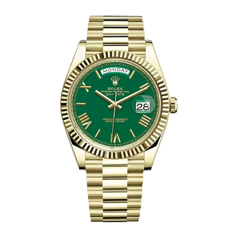 Rolex Day Date 40mm - Ref: 228238 - Green Lacquered Roman Dial & Fluted Bezel, 18K Yellow Gold President Bracelet Men's Watch